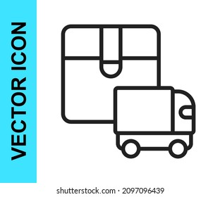 Black line Delivery cargo truck vehicle icon isolated on white background.  Vector
