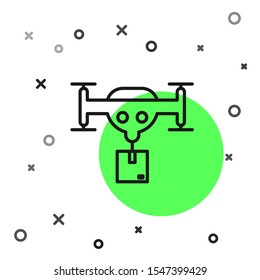 Black line Delivery drone with the package icon isolated on white background. Drone delivering cardboard box.  Vector Illustration