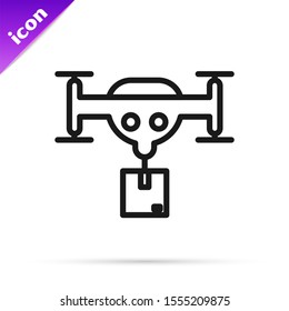 Black line Delivery drone with the package icon isolated on white background. Drone delivering cardboard box.  Vector Illustration