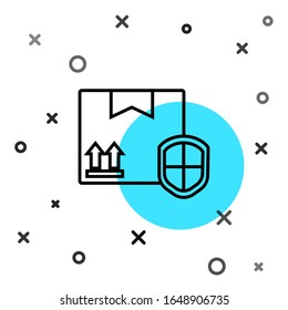 Línea negra Seguridad del paquete de entrega con icono de escudo aislado en fondo blanco. Seguro de entrega. Caja de cartón asegurada más allá de la pantalla. Formas dinámicas aleatorias.  Ilustración vectorial