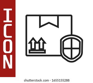Línea negra Seguridad del paquete de entrega con icono de escudo aislado en fondo blanco. Seguro de entrega. Caja de cartón asegurada más allá de la pantalla.  Ilustración vectorial
