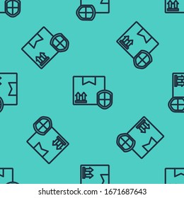 Línea negra Seguridad del paquete de entrega con icono de escudo aislado sin problemas en el fondo verde. Seguro de entrega. Caja de cartón asegurada más allá de la pantalla.  Ilustración vectorial
