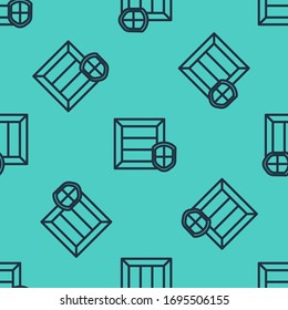 Black line Delivery pack security with shield icon isolated seamless pattern on green background. Delivery insurance. Insured cardboard boxes beyond the shield.  Vector Illustration