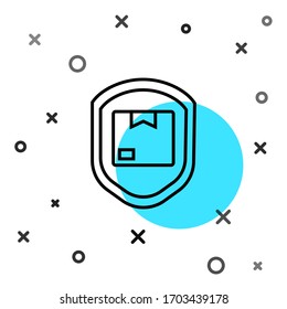 Black line Delivery pack security with shield icon isolated on white background. Delivery insurance. Insured cardboard boxes beyond the shield. Random dynamic shapes. Vector Illustration