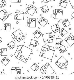 Black line Delivery package box with fragile content symbol of broken glass icon isolated seamless pattern on white background. Box, package, parcel sign.  Vector Illustration