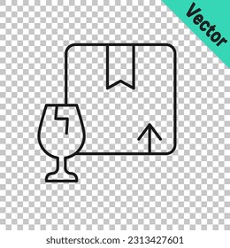 Caja del paquete de entrega de línea negra con un frágil símbolo de contenido de un icono de vidrio roto aislado en un fondo transparente. Caja, paquete, signo de paquete.  Vector