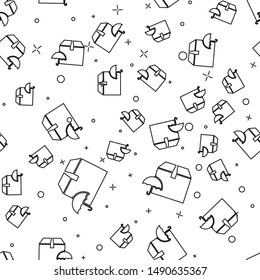 Black line Delivery package with umbrella symbol icon isolated seamless pattern on white background. Parcel cardboard box with umbrella sign. Logistic and delivery.  Vector Illustration