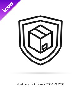 Seguridad de entrega de línea negra con icono de escudo aislado en fondo blanco. Seguro de entrega. Cajas de cartón aseguradas más allá del escudo.  Vector