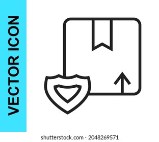 Seguridad de entrega de línea negra con icono de escudo aislado en fondo blanco. Seguro de entrega. Cajas de cartón aseguradas más allá del escudo.  Vector