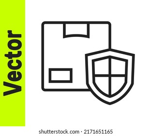 Black line Delivery security with shield icon isolated on white background. Delivery insurance. Insured cardboard boxes beyond the shield.  Vector