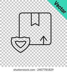 Seguridad de entrega de línea negra con icono de escudo aislado en fondo transparente. Seguro de entrega. Cajas de cartón aseguradas más allá del escudo.  Vector