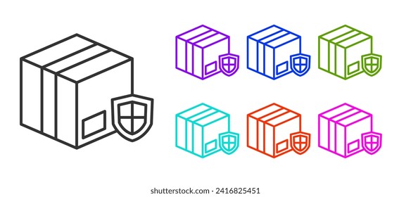 Black line Delivery security with shield icon isolated on white background. Delivery insurance. Insured cardboard boxes beyond the shield. Set icons colorful. Vector