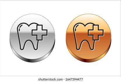 Black line Dental clinic for dental care tooth icon isolated on white background. Silver-gold circle button. Vector Illustration