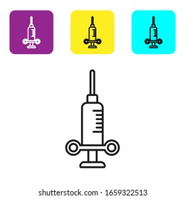 Black line Dental medical syringe with needle icon isolated on white background. Set icons colorful square buttons. Vector Illustration