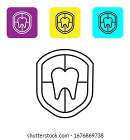 Black line Dental protection icon isolated on white background. Tooth on shield logo. Set icons colorful square buttons. Vector Illustration