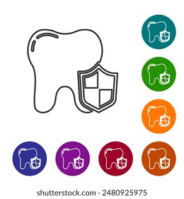 Black line Dental protection icon isolated on white background. Tooth on shield logo. Set icons in color circle buttons. Vector