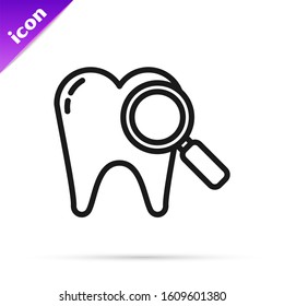 Black line Dental search icon isolated on white background. Tooth symbol for dentistry clinic or dentist medical center.  Vector Illustration