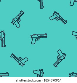 Línea negra Icono de pistola de águila del Desierto aislado patrón sin fisuras sobre fondo verde.  Vector