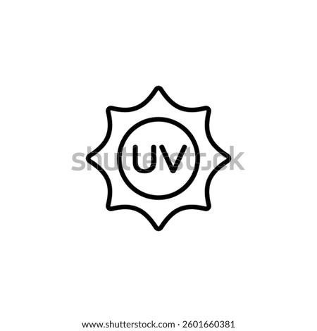 Black line design of a sun shape with a uv protection symbol inside, representing skin safety.