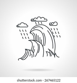 Black line design vector icon seascape with waves and rain on white background.