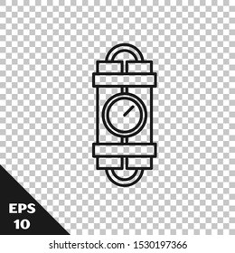 Black line Detonate dynamite bomb stick and timer clock icon isolated on transparent background. Time bomb - explosion danger concept.  Vector Illustration