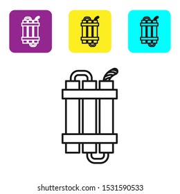 Black line Detonate dynamite bomb stick and timer clock icon isolated on white background. Time bomb - explosion danger concept. Set icons colorful square buttons. Vector Illustration
