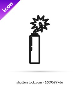 Black line Detonate dynamite bomb stick clock icon isolated on white background. Time bomb - explosion danger concept.  Vector Illustration