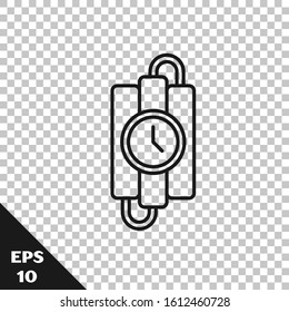 Black line Detonate dynamite bomb stick and timer clock icon isolated on transparent background. Time bomb - explosion danger concept.  Vector Illustration