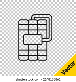 Línea negra Detonate la barra dinamita de la bomba y el icono del reloj del temporizador aislado en un fondo transparente. Bomba de tiempo - concepto de peligro de explosión.  Vector
