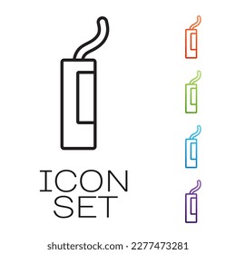 Línea negra Icono de baqueta dinamita desmontada en fondo blanco. Bomba de tiempo - concepto de peligro de explosión. Indique los iconos en colores. Vector