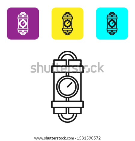Black line Detonate dynamite bomb stick and timer clock icon isolated on white background. Time bomb - explosion danger concept. Set icons colorful square buttons. Vector Illustration