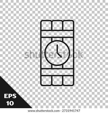 Black line Detonate dynamite bomb stick and timer clock icon isolated on transparent background. Time bomb - explosion danger concept.  Vector