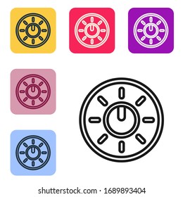 Black line Dial knob level technology settings icon isolated on white background. Volume button, sound control, analog regulator. Set icons in color square buttons. Vector Illustration