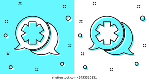 Black line Dialogue with the doctor icon isolated on green and white background. Doctor and patient dialog. Consulting about medical health services. Random dynamic shapes. Vector Illustration