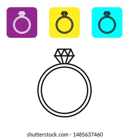 Black line Diamond engagement ring icon isolated on white background. Set icons colorful square buttons. Vector Illustration