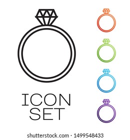 Black line Diamond engagement ring icon isolated on white background. Set icons colorful. Vector Illustration