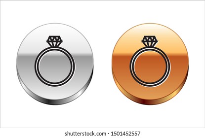 Black line Diamond engagement ring icon isolated on white background. Silver-gold circle button. Vector Illustration