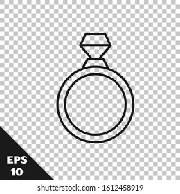 Black line Diamond engagement ring icon isolated on transparent background.  Vector Illustration