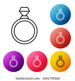Black line Diamond engagement ring icon isolated on white background. Set icons colorful circle buttons. Vector Illustration