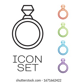 Black line Diamond engagement ring icon isolated on white background. Set icons colorful. Vector Illustration