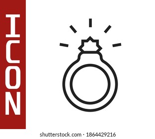 Schwarze Linie Diamond-Verlobungsring Symbol einzeln auf weißem Hintergrund.  Vektorgrafik