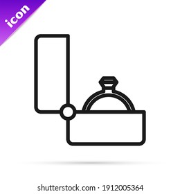 Black line Diamond engagement ring icon isolated on white background.  Vector