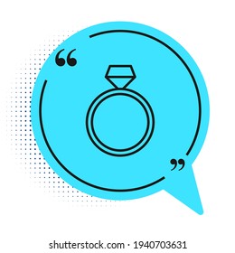 Línea negra Icono del anillo de compromiso de diamantes aislado en fondo blanco. Símbolo azul de burbuja de habla. Vector