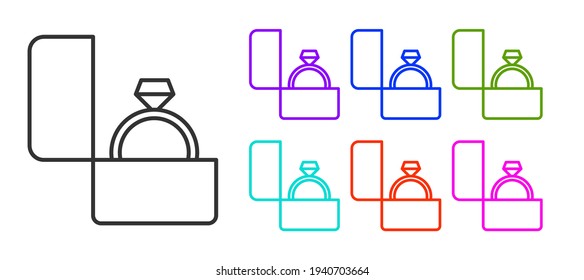 Black line Diamond engagement ring icon isolated on white background. Set icons colorful. Vector