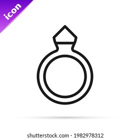 Black line Diamond engagement ring icon isolated on white background.  Vector
