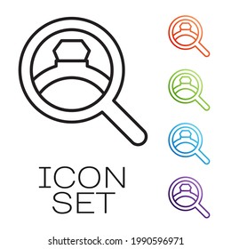 Black line Diamond engagement ring icon isolated on white background. Set icons colorful. Vector