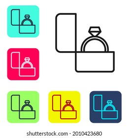 Black line Diamond engagement ring icon isolated on white background. Set icons in color square buttons. Vector