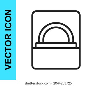 Black line Diamond engagement ring in a box icon isolated on white background.  Vector
