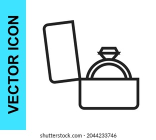 Black line Diamond engagement ring in a box icon isolated on white background.  Vector