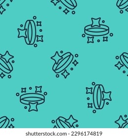 Black line Diamond engagement ring icon isolated seamless pattern on green background.  Vector